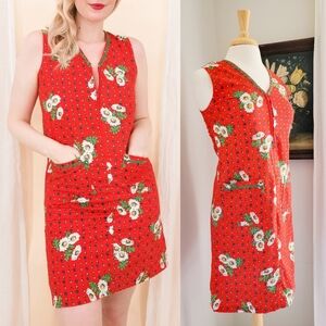Vintage Red Daisy Sleeveless Handmade Ric Rac Trim Zip Front Mini Length Dress